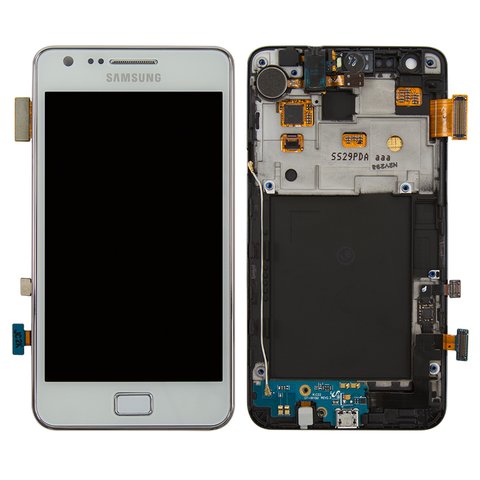 Дисплей для Samsung I9100 Galaxy S2, белый, с рамкой, Оригинал переклеено стекло 