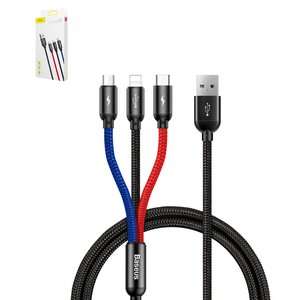 USB Cable Baseus Three Primary Colors, USB type A, USB type C, micro USB type B, Lightning, 120 cm, 3.5 A, black, nylon braided, data transfer over Lightning only, 3 in 1  #CAMLT BSY01