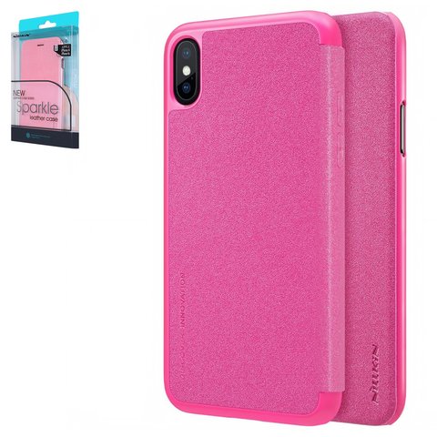 Case Nillkin Sparkle laser case compatible with iPhone X, iPhone XS, pink, without logo hole, flip, PU leather, plastic  #6902048146327