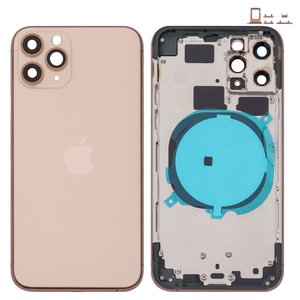 Housing compatible with iPhone 11 Pro, golden, with SIM card holders, with side buttons, matte gold 