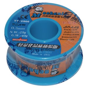 Estaño Mechanic TY V866, Sn 63% , Pb 37%, flux 1 3%, 0.3 mm, 40 g