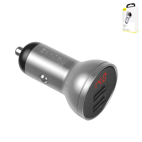 Car Charger Baseus Digital Display Dual SCP, silver, with LCD, 4.8 A, 2 outputs, 12 24 V  #CCBX 0S