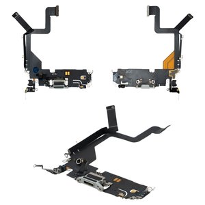 Шлейф для iPhone 14 Pro, коннектора зарядки, серый, с микрофоном, с компонентами, Original PRC , silver