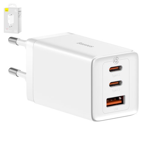 Mains Charger Baseus GaN5 Pro, 65 W, Quick Charge, white, with cable USB type C to USB type C, 3 outputs  #CCGP120202