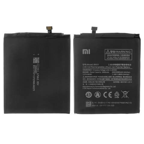 Batería BN31 puede usarse con Xiaomi Mi A1, Redmi Note 5A, Li Polymer, 3.85 V, 3080 mAh, Original PRC 
