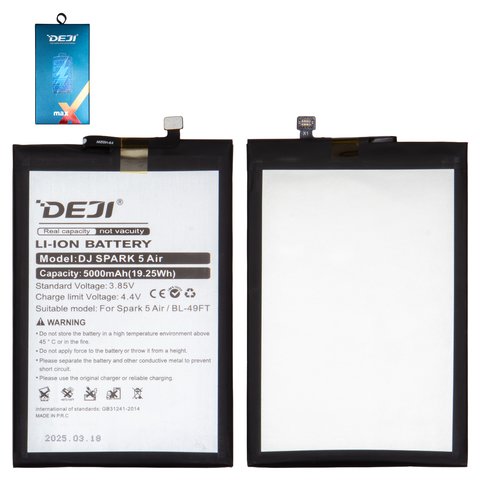 Batería Deji BL 49FT puede usarse con Tecno Pop 4 Pro BC3 , Pop 5 LTE, Spark 7 Go KF6m , Li ion, 3.85 V, 5000 mAh