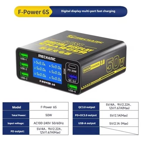Adaptador de red Mechanic F Power 6S, 50 W, Quick Charge, Power Delivery PD , 6 puertos