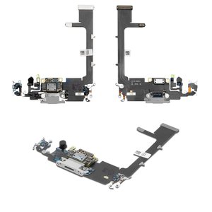 Шлейф для iPhone 11 Pro, коннектора наушников, коннектора зарядки, серебристый, с микрофоном, с компонентами, Original PRC 