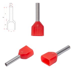 Наконечник TE0508, для 2х проводів, трубчастий, ізольований, червоний, 10 шт., 0,5 мм², 8 мм