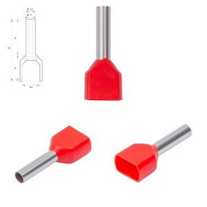 Наконечник TE2512, для 2х проводів, трубчастий, ізольований, червоний, 10 шт., 2,5 мм², 12 мм